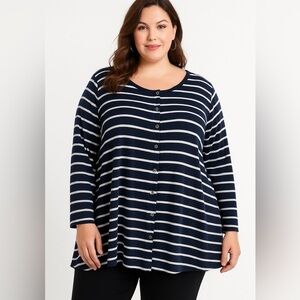 Woman‎ Within 3X Black White Striped Button Front Long Sleeve Top Tunic Casual